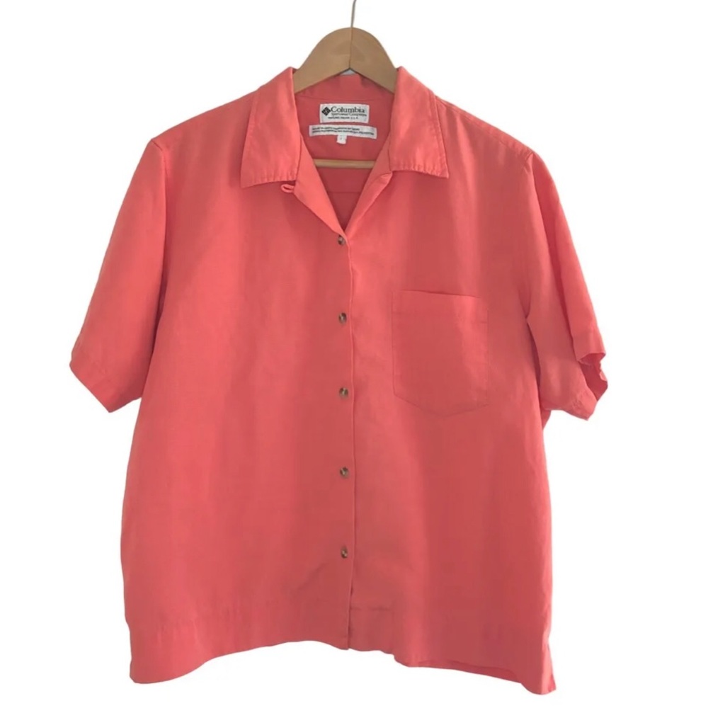 Columbia Button Shirt Womens Large Dark Coral Short Sleeve Hiking Fishing GRT